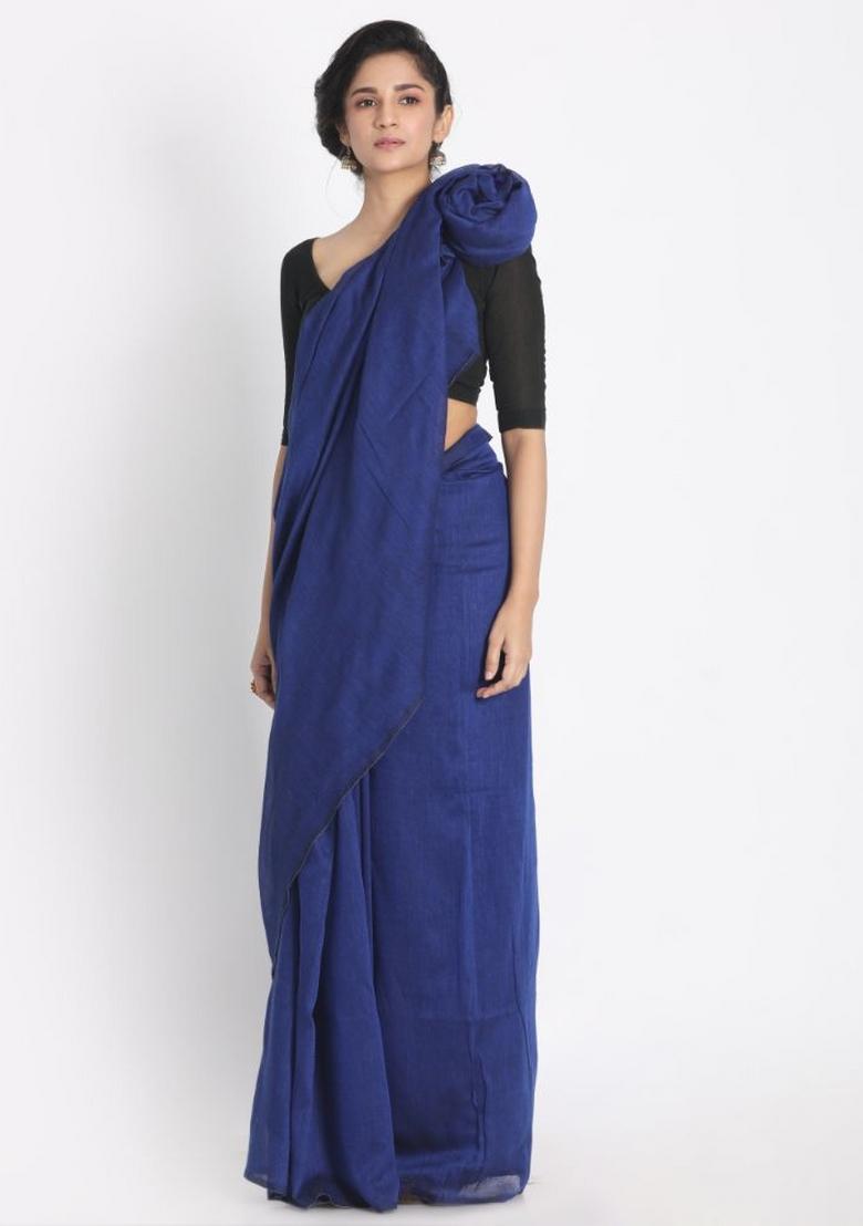Blue Solid Cotton Saree Set