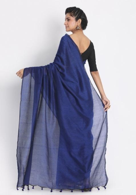 Blue Solid Cotton Saree Set