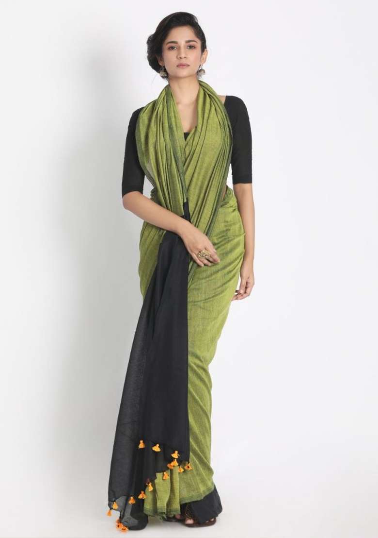 Olive Solid Cotton Saree Set for Diwali and Festive Wear - Indya