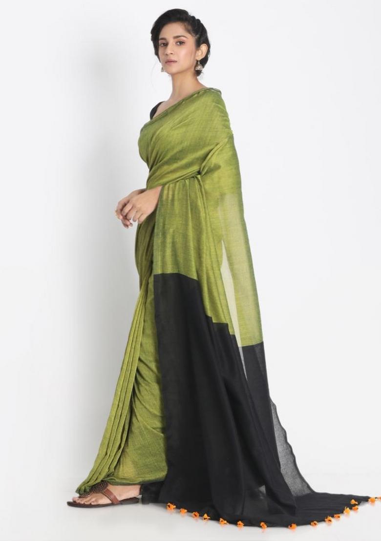 Olive Solid Cotton Saree Set