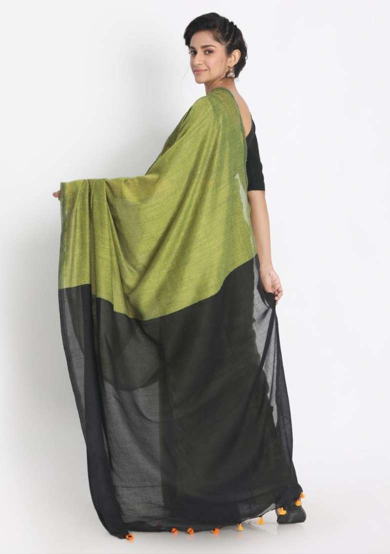 Olive Solid Cotton Saree Set for Diwali and Festive Wear - Indya