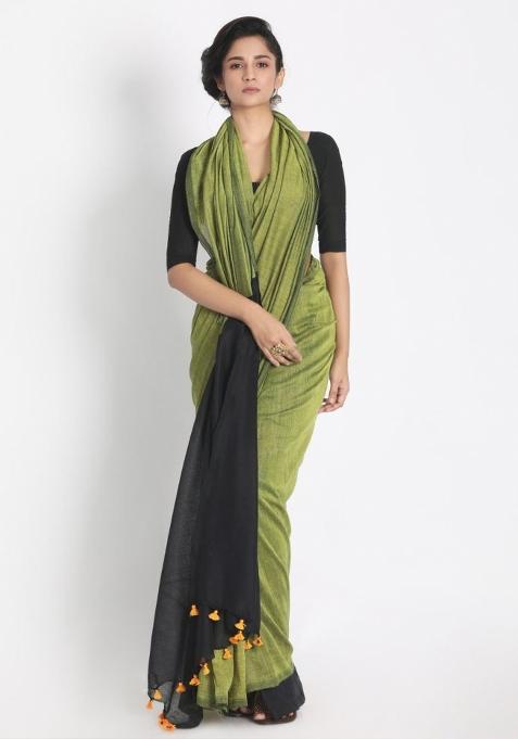 Olive Solid Cotton Saree Set