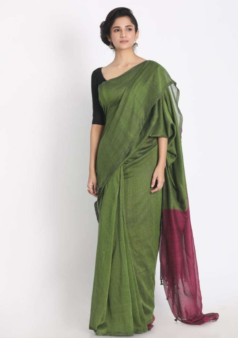 Lime Solid Cotton Saree Set for Diwali and Festive Wear - Indya
