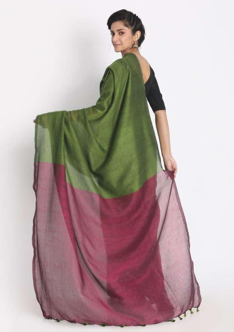 Lime Solid Cotton Saree Set for Diwali and Festive Wear - Indya