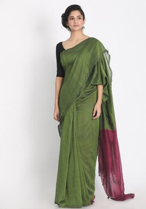 Lime Solid Cotton Saree Set