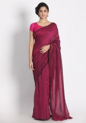 Pink Solid Cotton Saree Set