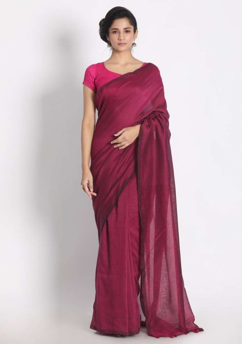 Pink Solid Cotton Saree Set for Diwali | Wedding & Festive Wear - Indya