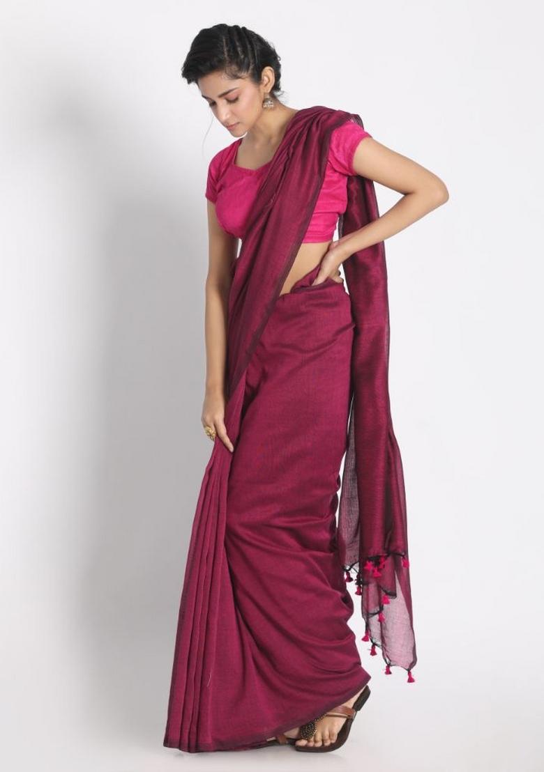 Pink Solid Cotton Saree Set