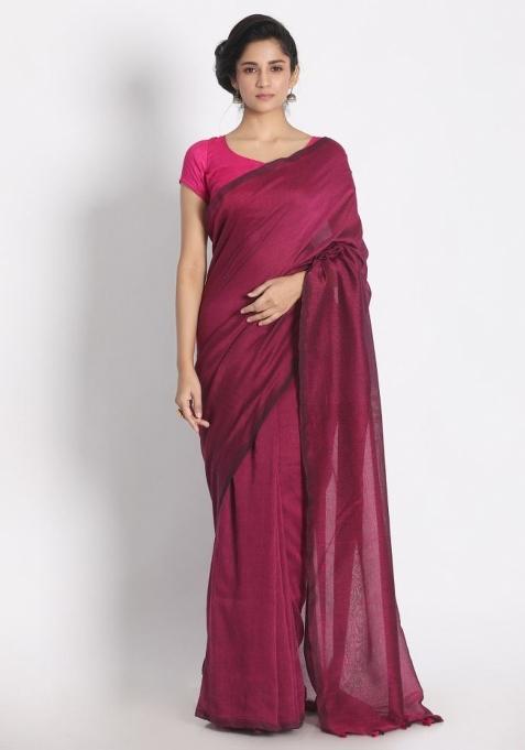 Pink Solid Cotton Saree Set