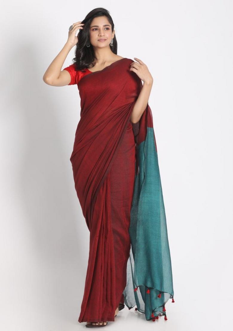 Red Solid Cotton Saree Set