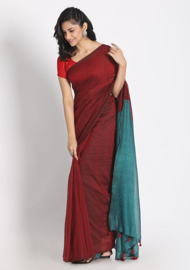 Red Solid Cotton Saree Set