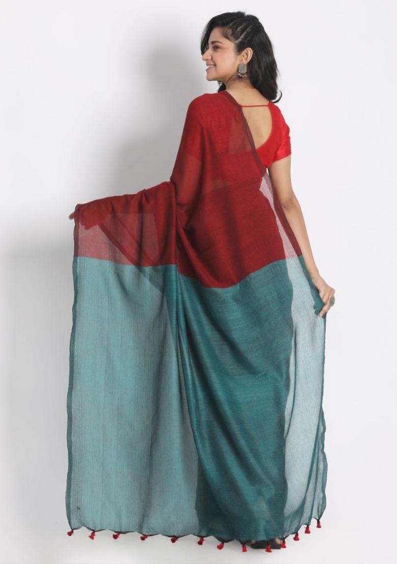 Red Solid Cotton Saree Set