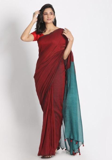 Red Solid Cotton Saree Set