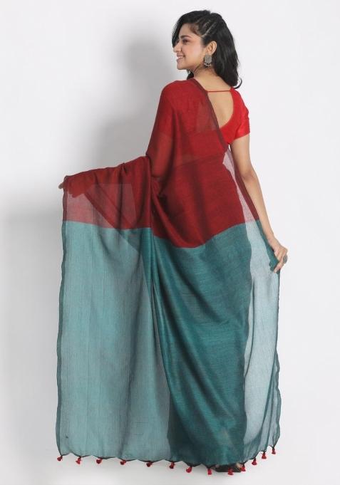 Red Solid Cotton Saree Set