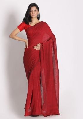 Red Solid Cotton Saree Set