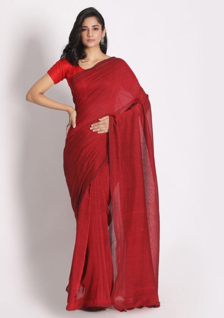 Red Solid Cotton Saree Set
