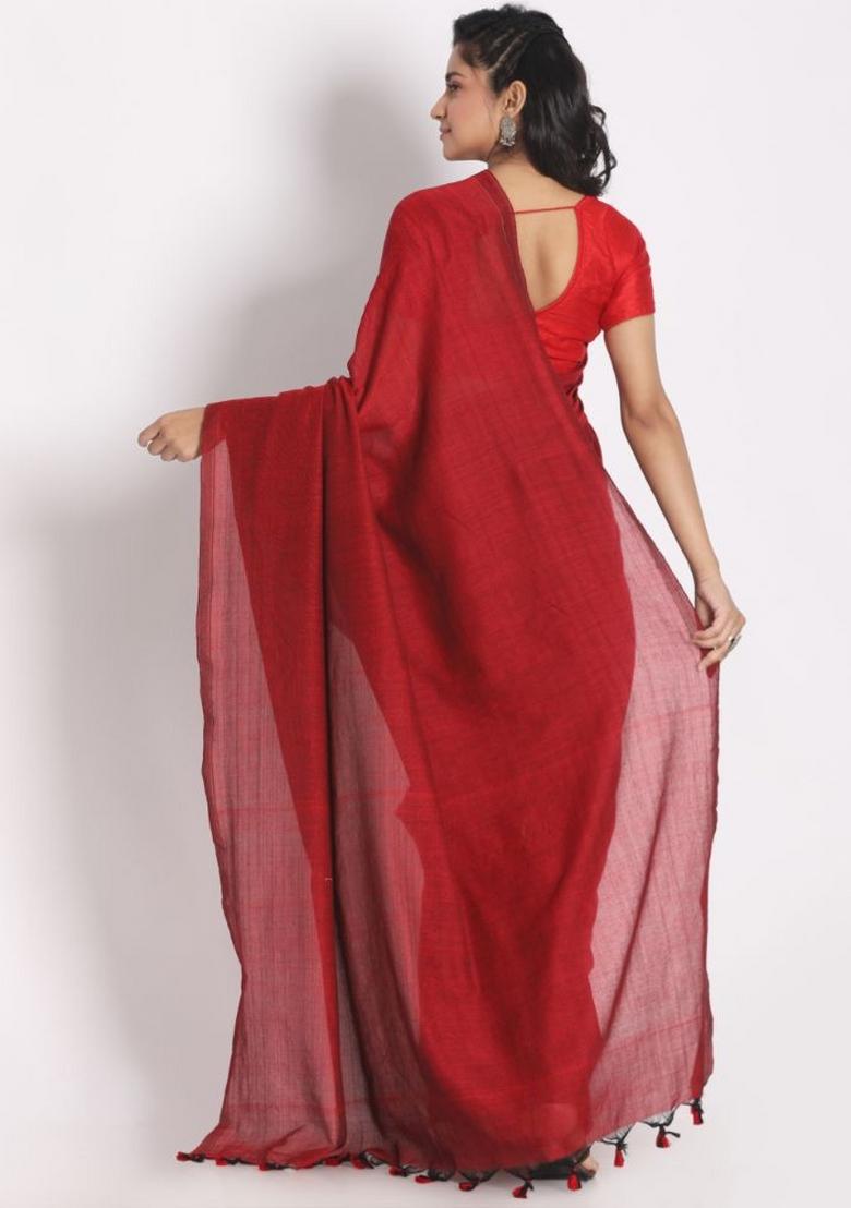 Red Solid Cotton Saree Set