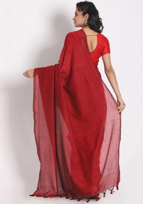 Red Solid Cotton Saree Set