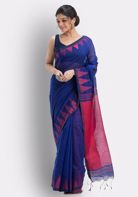 Royel Blue Solid Cotton Saree Set