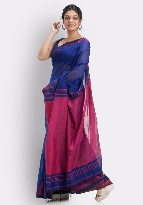 Royel Blue Solid Cotton Saree Set