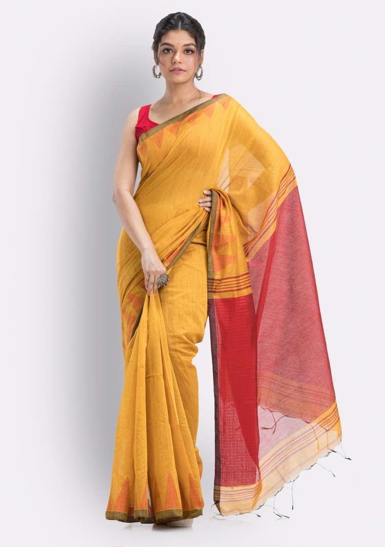 Yellow Solid Cotton Saree Set for Diwali and Festive Wear - Indya