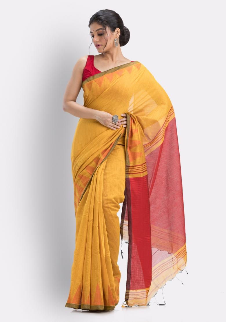 Yellow Solid Cotton Saree Set