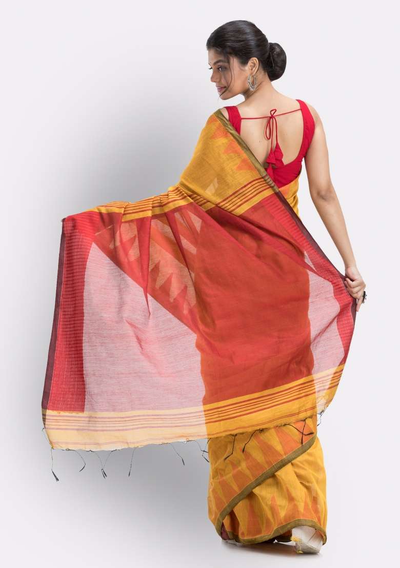 Yellow Solid Cotton Saree Set for Diwali and Festive Wear - Indya