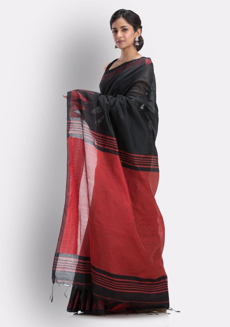 Black Solid Cotton Saree Set