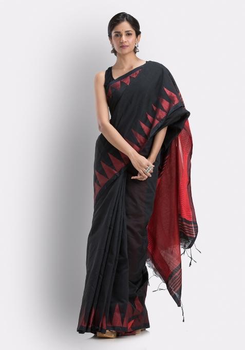 Black Solid Cotton Saree Set