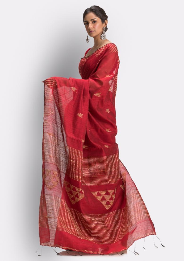 Maroon Embroidered Cotton Saree Set