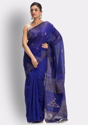 Royel Blue Embroidered Cotton Saree Set
