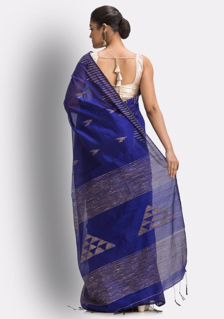 Royel Blue Embroidered Cotton Saree Set