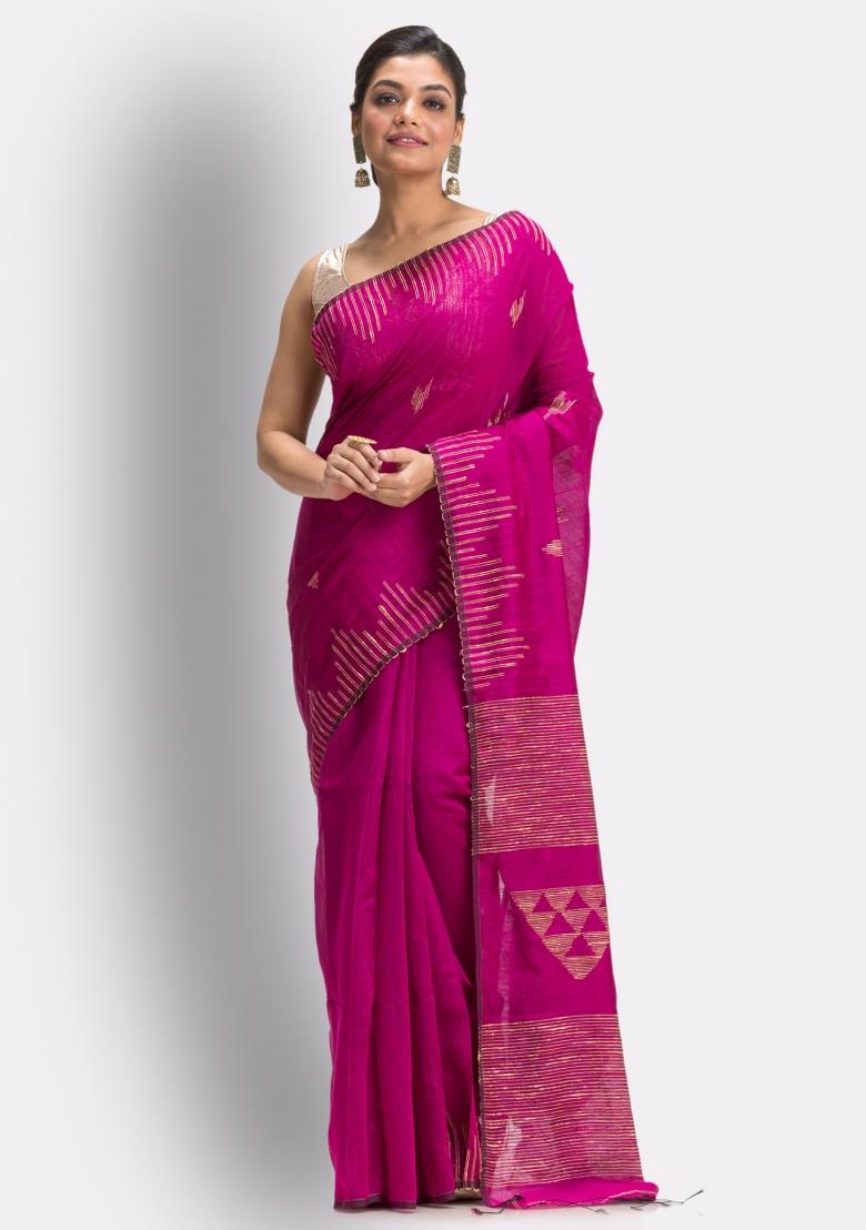 Pink Embroidered Cotton Saree Set