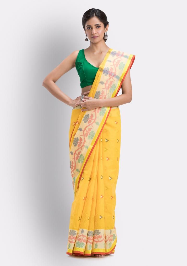 Yellow Embroidered Cotton Saree