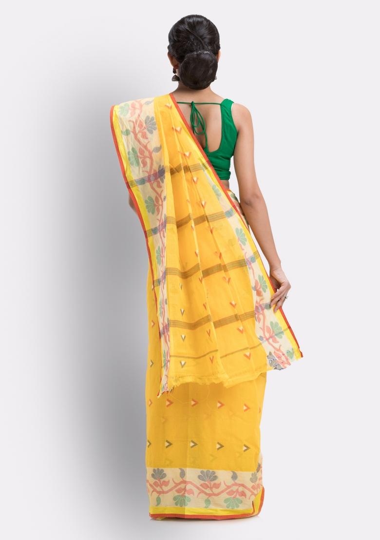 Yellow Embroidered Cotton Saree