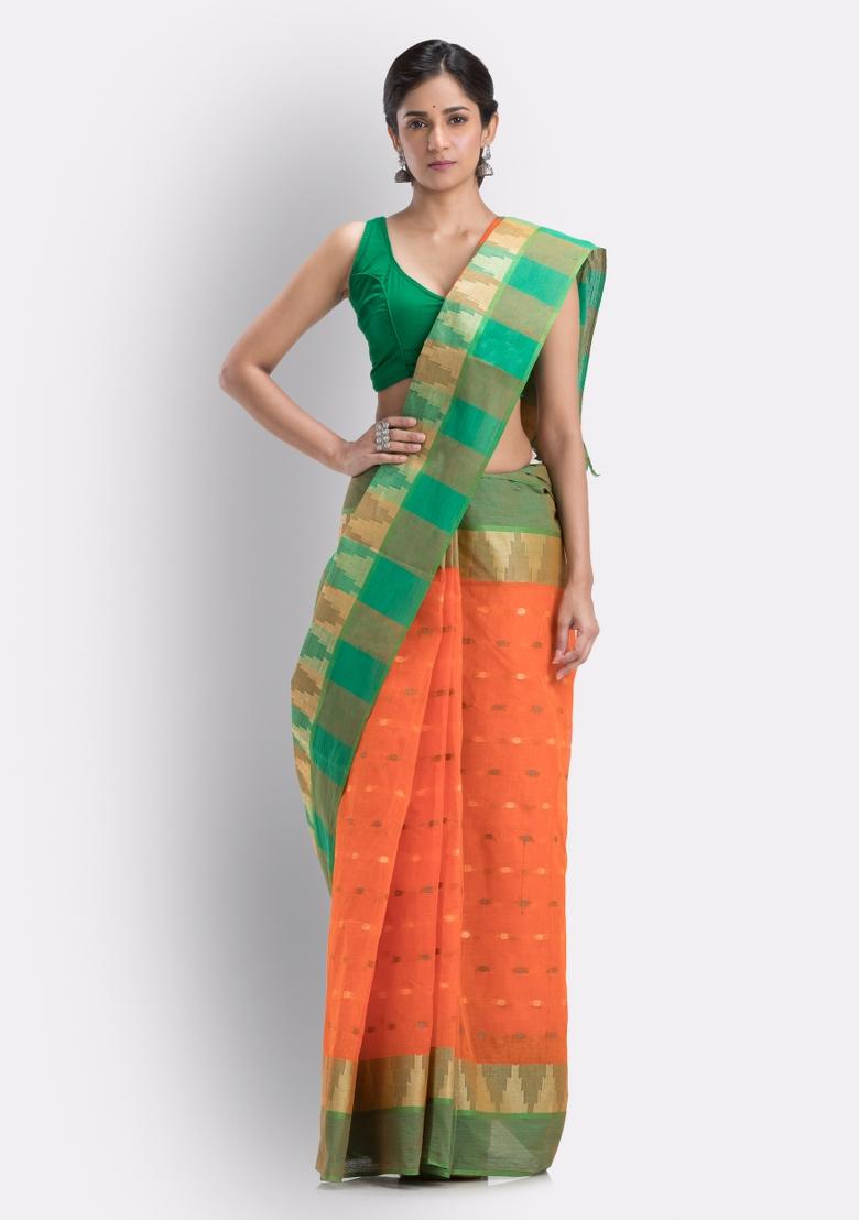 Orange Embroidered Cotton Saree