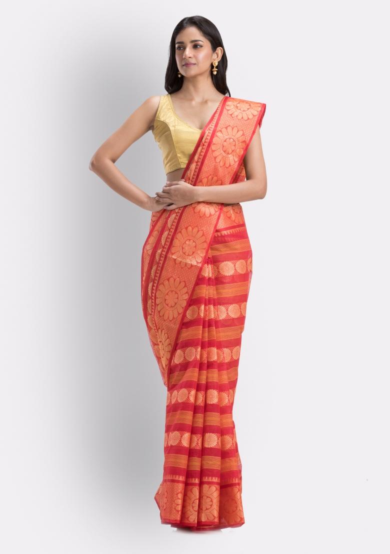 Maroon Embroidered Cotton Saree