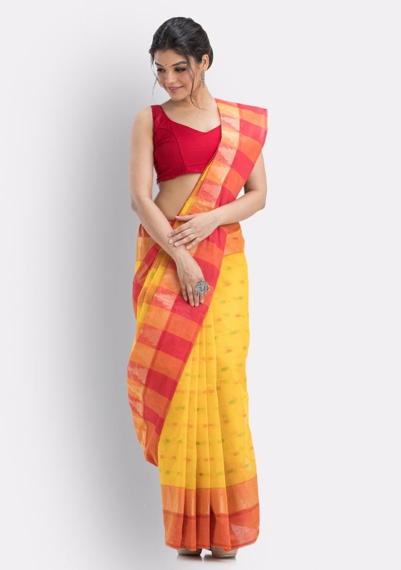 Yellow Embroidered Cotton Saree