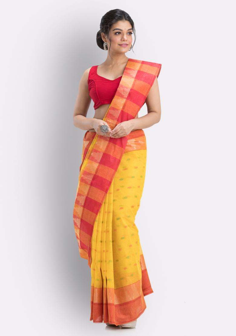 Yellow Embroidered Cotton Saree