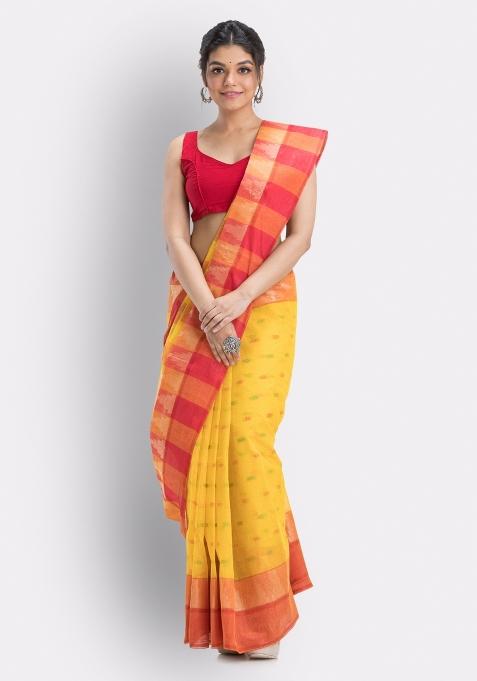 Yellow Embroidered Cotton Saree