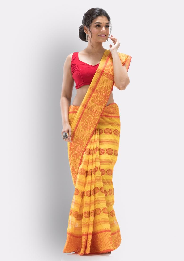 Yellow Embroidered Cotton Saree