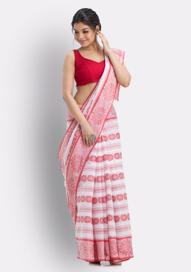 White Embroidered Cotton Saree