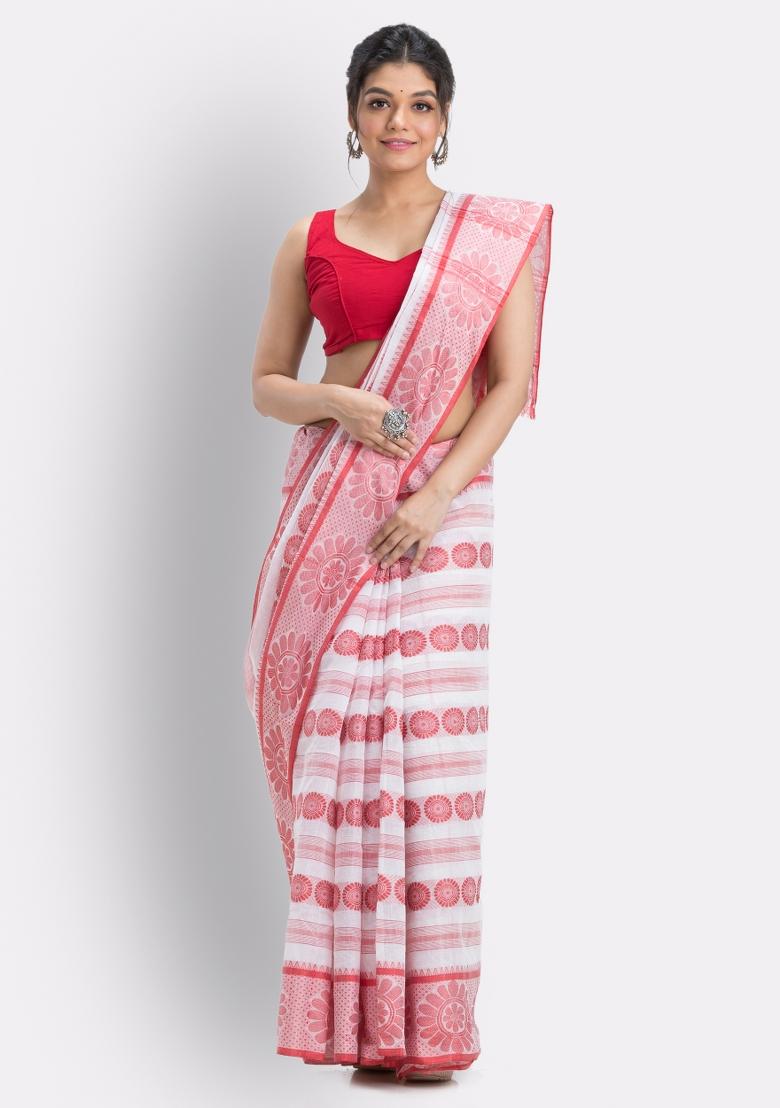 White Embroidered Cotton Saree