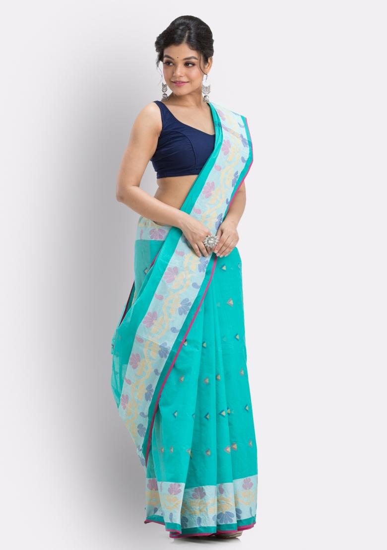 Sky Blue Embroidered Cotton Saree