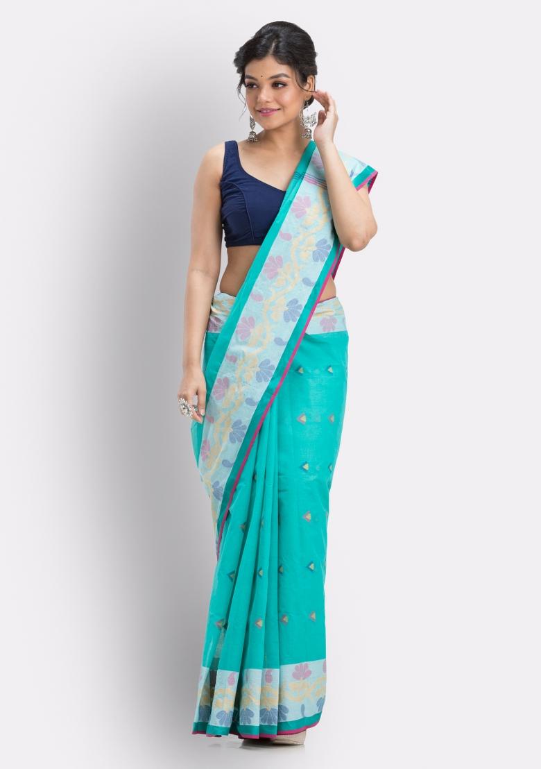 Sky Blue Embroidered Cotton Saree