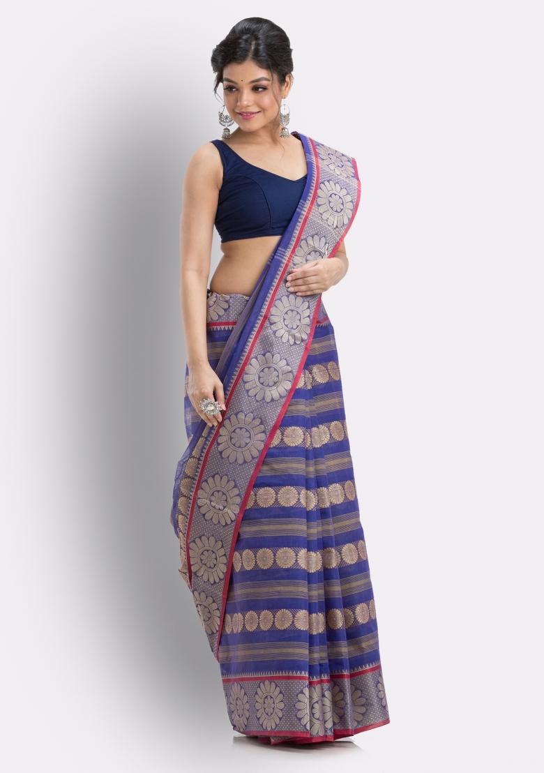 Navy Blue Embroidered Cotton Saree