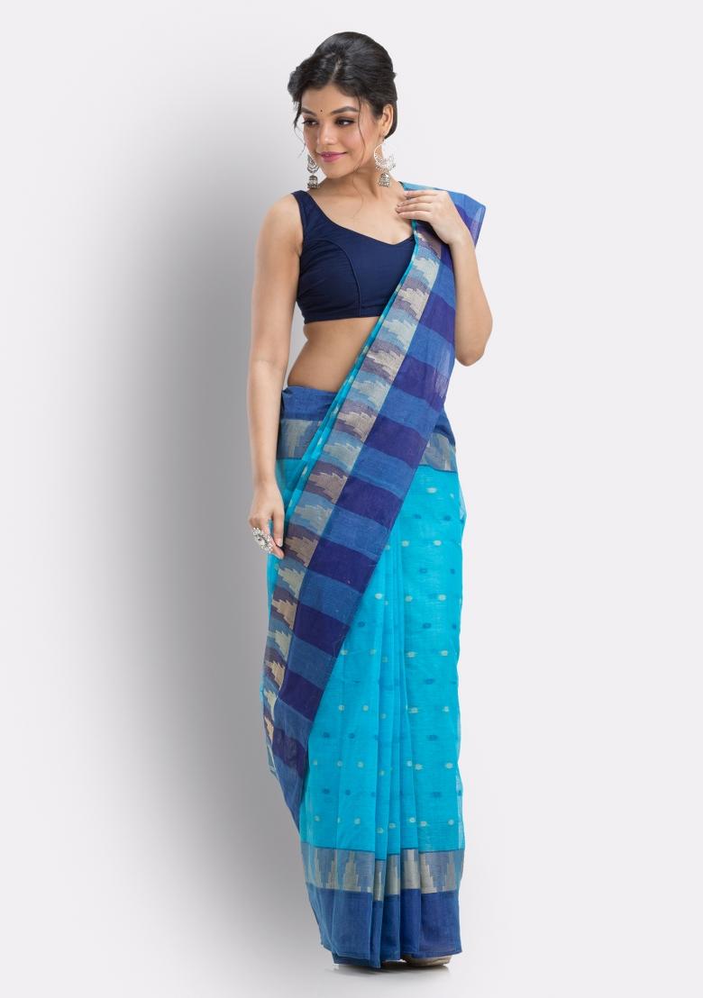 Sky Blue Embroidered Cotton Saree