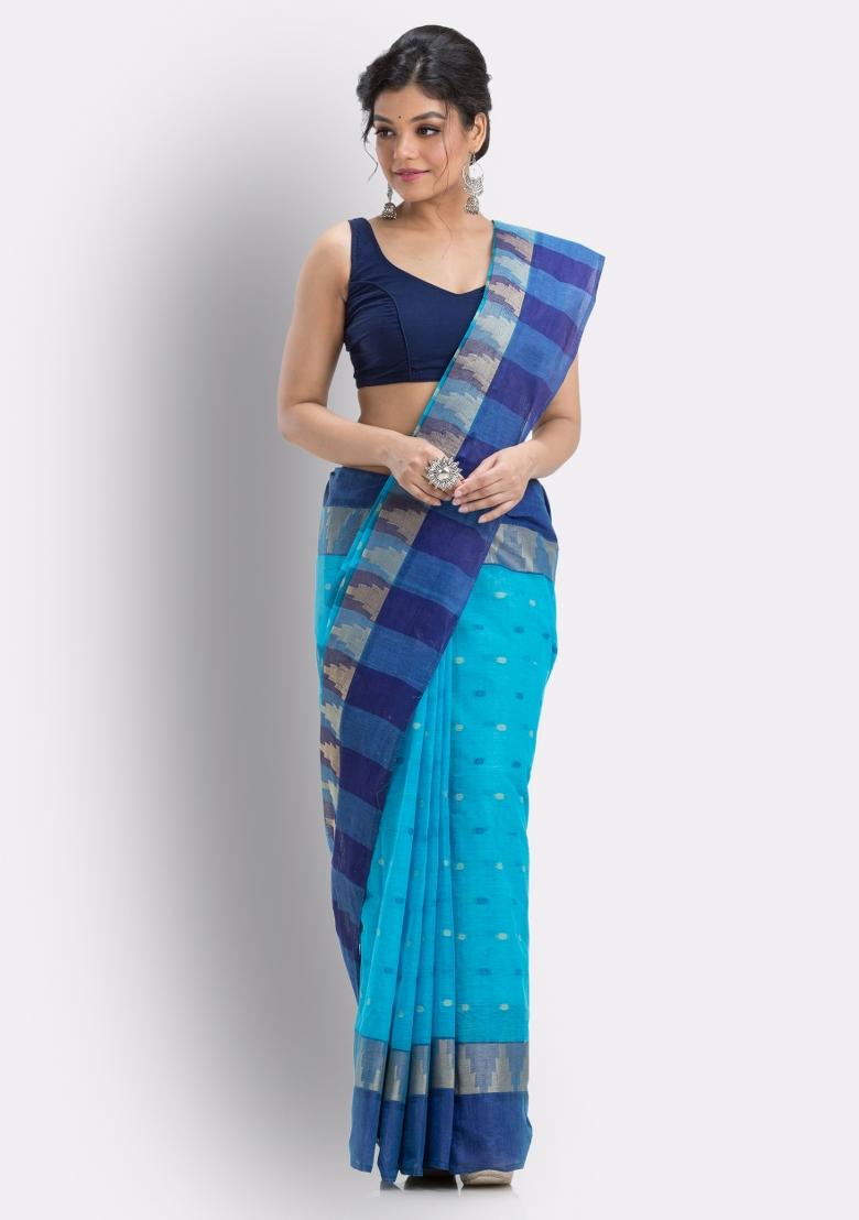 Sky Blue Embroidered Cotton Saree