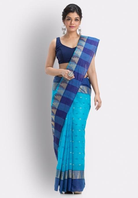 Sky Blue Embroidered Cotton Saree