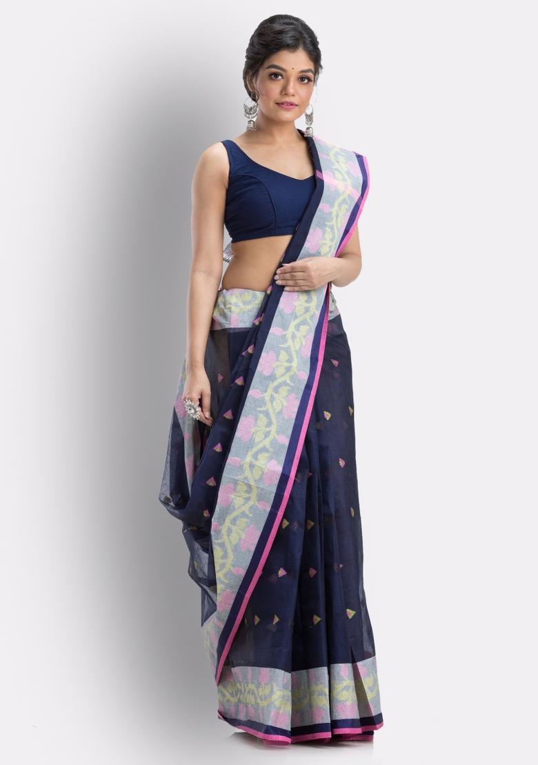 Navy Blue Embroidered Cotton Saree